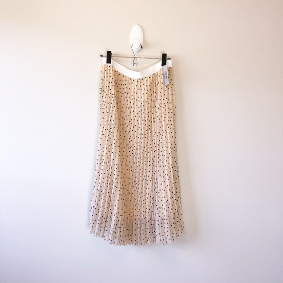 WDNY Polka Dot Full Midi Skirt Chiffon Pleated Apricot Black Size Large NWT’s - Picture 1 of 10